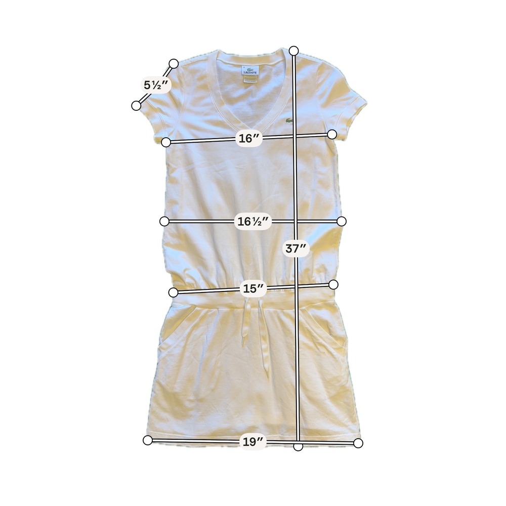 Lacoste T-Shirt Dress Womens 36 White Good V-Neck Drawstring Waist Pocket Logo - Picture 4 of 9